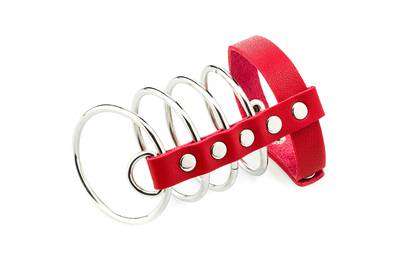 Red PU Leather Cockring with Metal Shaft Support - 50 mm