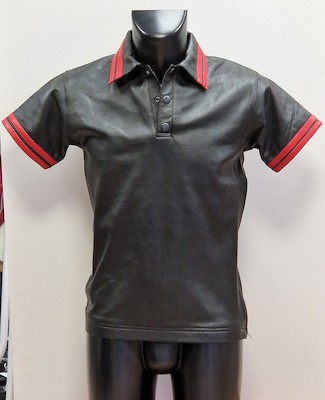 Schwarzes Leder Poloshirt mit roten Streifen