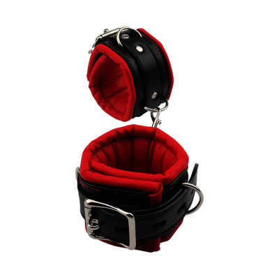 Schwarz rote Handfesseln aus Veganleder