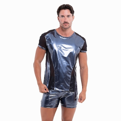 Shirt aus schwarzem Netz und silber blauem Lack