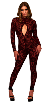 Masquerade Spitzen Catsuit mit 3-Wege-Reißverschluss weinrot